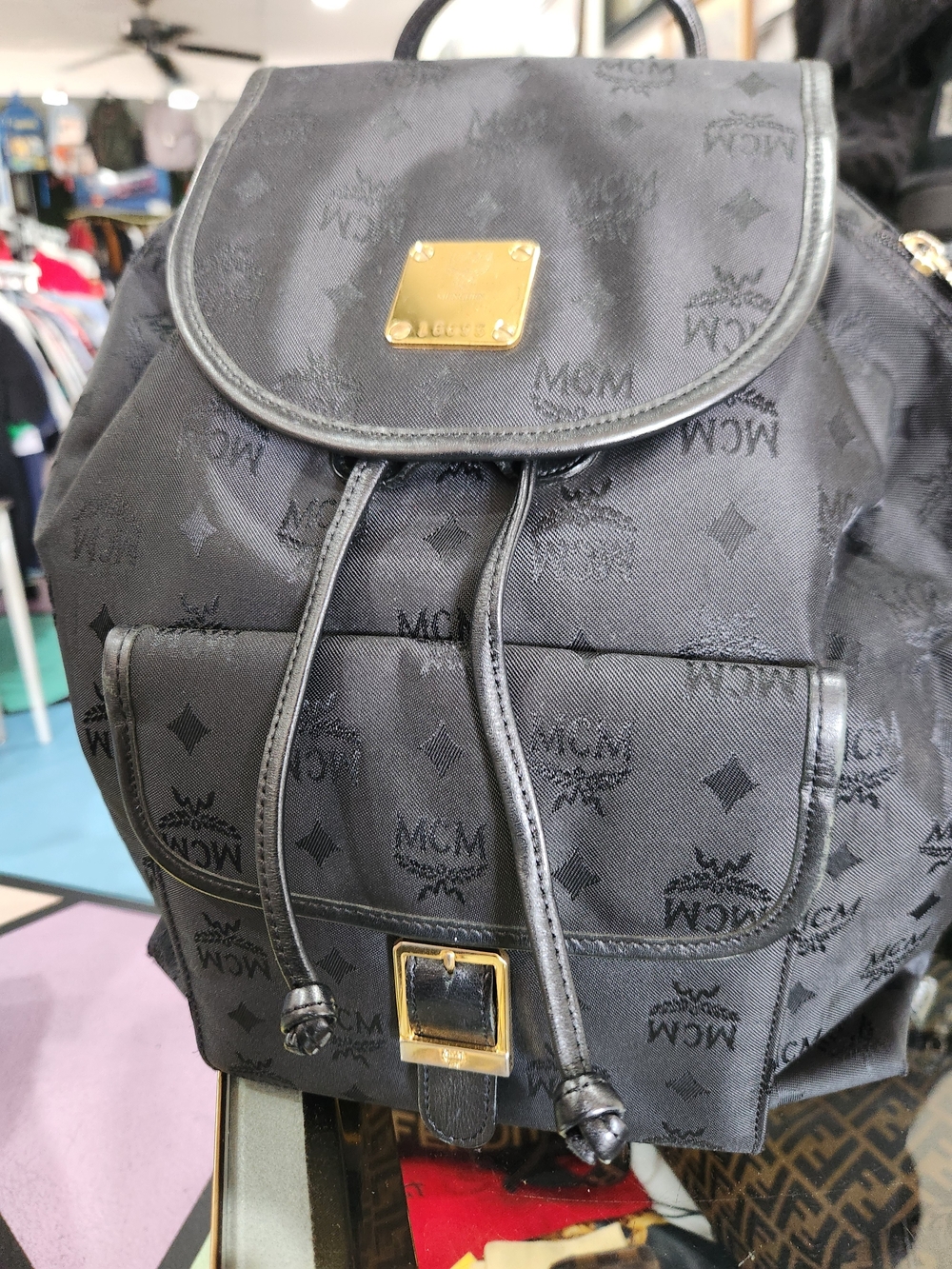 MCM Black Logo Nylon Drawstring Backpack